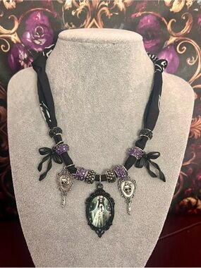 Gothic Black & Purple Bandana Scarf Necklace-Halloween Cameo & Skull Charms